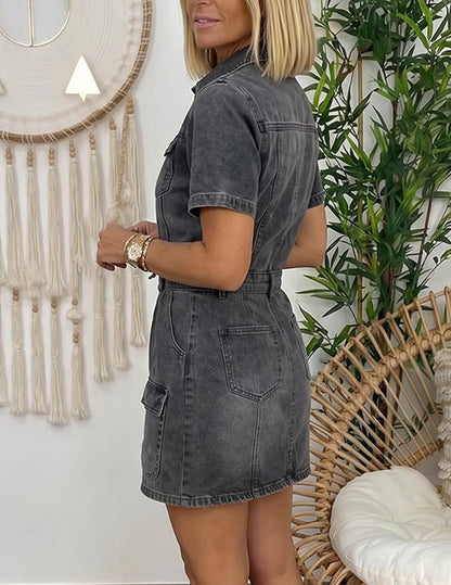 Dame Denim Minikjole Med Knapfront Og Cargolommer