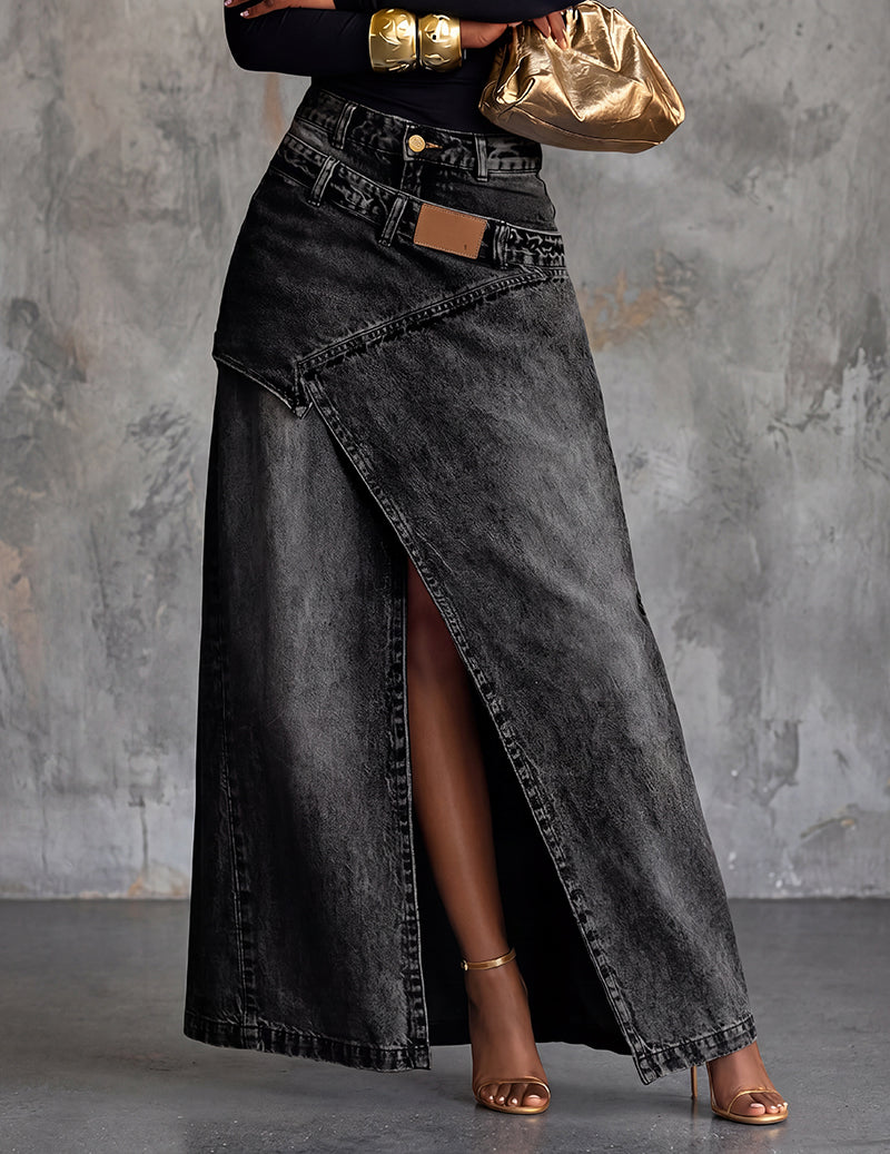 Dame Asymmetrisk Slå-om Denimmaxinederdel Med Frontslids – Elegant Nederdel Til Hverdagsbrug, Ferie Og Smart Casual Stil