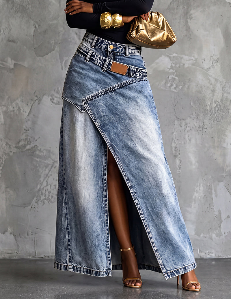 Dame Asymmetrisk Slå-om Denimmaxinederdel Med Frontslids – Elegant Nederdel Til Hverdagsbrug, Ferie Og Smart Casual Stil
