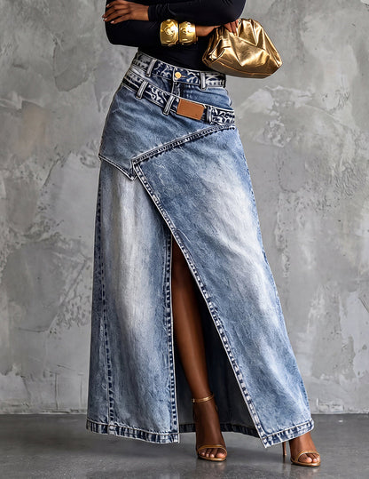 Dame Asymmetrisk Slå-om Denimmaxinederdel Med Frontslids – Elegant Nederdel Til Hverdagsbrug, Ferie Og Smart Casual Stil