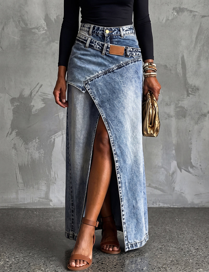 Dame Asymmetrisk Slå-om Denimmaxinederdel Med Frontslids – Elegant Nederdel Til Hverdagsbrug, Ferie Og Smart Casual Stil