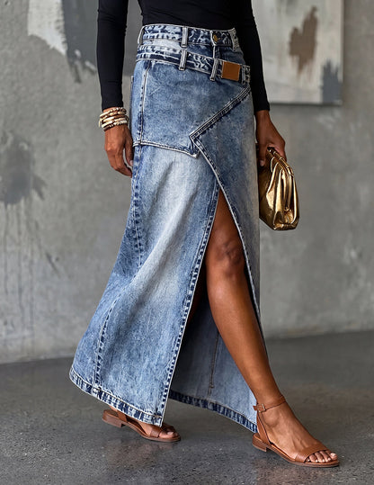 Dame Asymmetrisk Slå-om Denimmaxinederdel Med Frontslids – Elegant Nederdel Til Hverdagsbrug, Ferie Og Smart Casual Stil