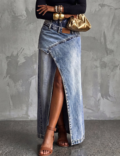 Dame Asymmetrisk Slå-om Denimmaxinederdel Med Frontslids – Elegant Nederdel Til Hverdagsbrug, Ferie Og Smart Casual Stil