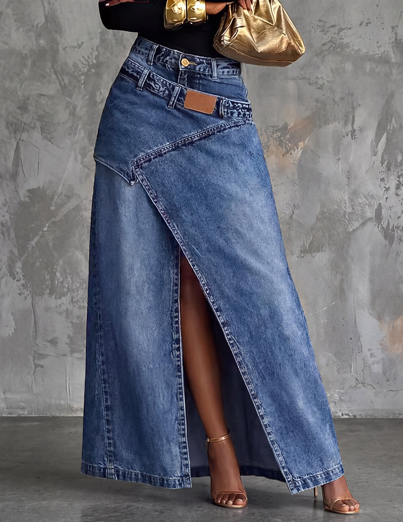 Dame Asymmetrisk Slå-om Denimmaxinederdel Med Frontslids – Elegant Nederdel Til Hverdagsbrug, Ferie Og Smart Casual Stil