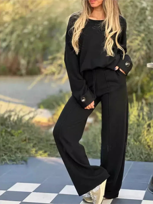 Women's Casual 2-Piece Set With Soft Long-Sleeve Top And Drawstring Wide-Leg Pants - Comfortable Set For Everyday Wear, Leisure And Relaxation