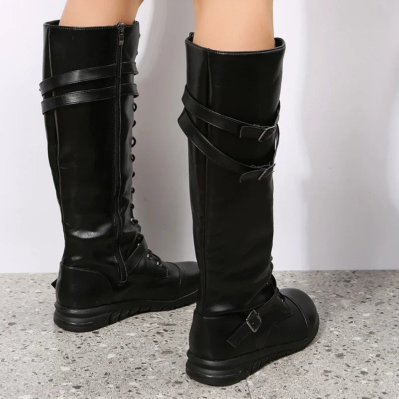 Botas altas de cuero para mujer hasta la rodilla con cordones, correa con hebilla y cierre lateral – botas de invierno estilo combat para otoño, invierno y uso diario