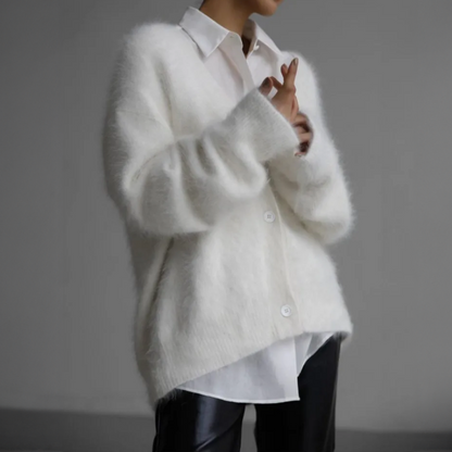 Dame Oversized Mohair-cardigan Med V-hals Og Knapper – Blød, Fluffy Strik Med Afslappet Pasform Til Efterår, Vinter Og Lag-på-lag Hverdagsbrug
