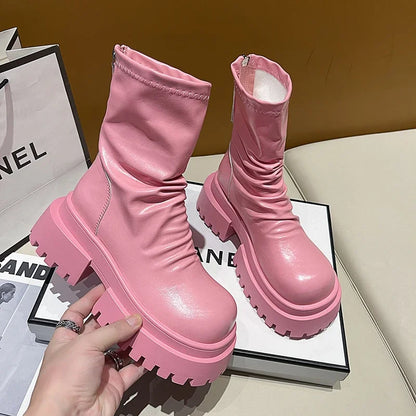 Botines de plataforma chunky para mujer con diseño fruncido y suela dentada - botas de invierno con cremallera trasera para otoño, invierno y uso diario
