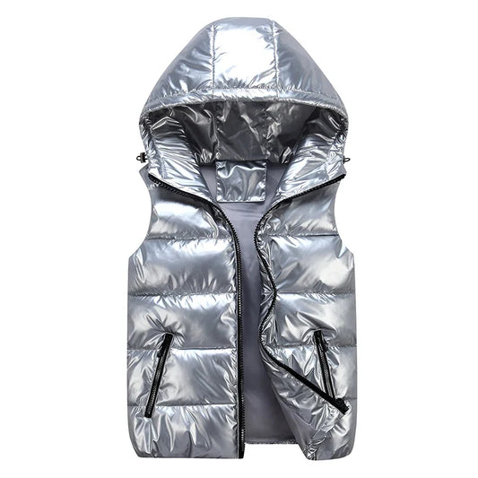 Vestă puffer lucioasă pentru bărbați, din bumbac, cu glugă și buzunare cu fermoar - strat termic de iarnă fără mâneci pentru zilele reci, purtare zilnică și activități în aer liber