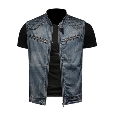 Chaleco biker vaquero desgastado para hombre con cremallera, hombros acolchados y bolsillos en el pecho - Chaleco llamativo para uso diario, ocio y estilo urbano
