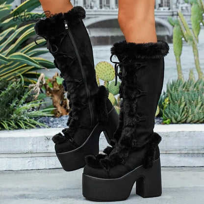 Botas de nieve de ante hasta la rodilla para mujer con forro de felpa, suela de plataforma y cordones – Cálidas botas de invierno con tacón de bloque para días fríos y actividades al aire libre