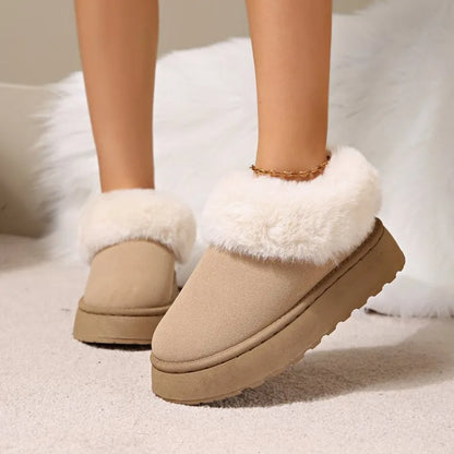 Botas de nieve para mujer de ante sintético con forro de felpa, diseño sin cordones y suela gruesa antideslizante – botines de invierno cálidos para días fríos, uso diario y actividades al aire libre