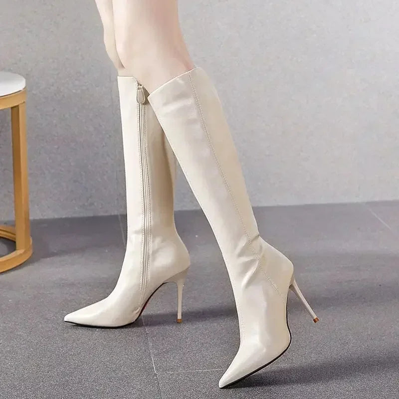 Botas altas de mujer hasta la rodilla con efecto piel, punta fina, tacón de aguja y cierre lateral - elegantes botas de invierno para fiestas, uso nocturno y ocasiones especiales