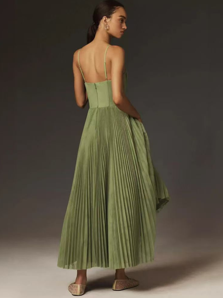 Vestido midi bustier plisado de mujer con tirantes finos - vestido elegante para fiestas, bodas, veladas y ocasiones especiales