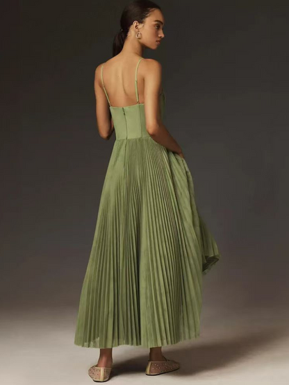 Vestido midi bustier plisado de mujer con tirantes finos - vestido elegante para fiestas, bodas, veladas y ocasiones especiales