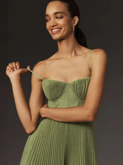 Vestido midi bustier plisado de mujer con tirantes finos - vestido elegante para fiestas, bodas, veladas y ocasiones especiales