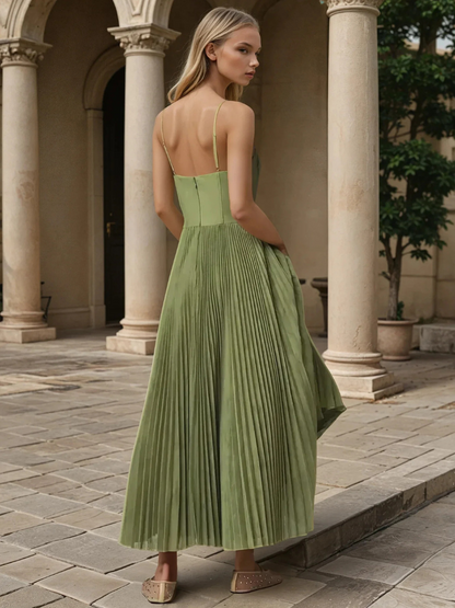 Vestido midi bustier plisado de mujer con tirantes finos - vestido elegante para fiestas, bodas, veladas y ocasiones especiales
