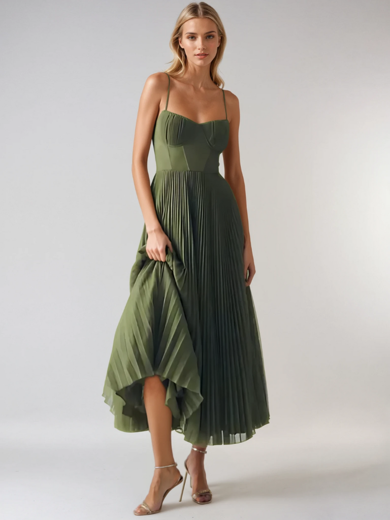 Vestido midi bustier plisado de mujer con tirantes finos - vestido elegante para fiestas, bodas, veladas y ocasiones especiales