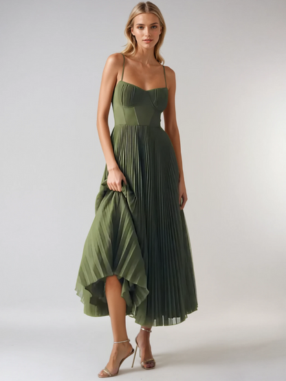 Vestido midi bustier plisado de mujer con tirantes finos - vestido elegante para fiestas, bodas, veladas y ocasiones especiales