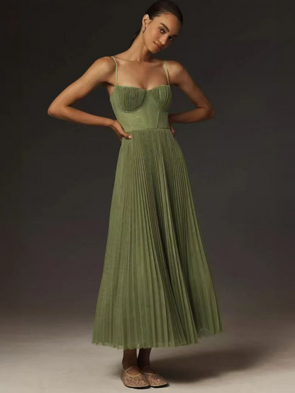 Vestido midi bustier plisado de mujer con tirantes finos - vestido elegante para fiestas, bodas, veladas y ocasiones especiales