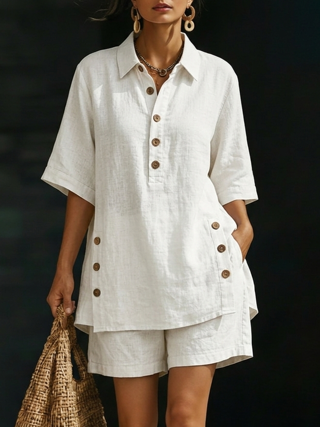 Conjunto de pantalón corto de lino extragrande para mujer con detalles de botones: conjunto informal de 2 piezas para el verano, vacaciones, tiempo libre, uso diario y estilo casual elegante