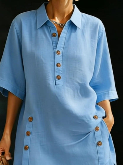Conjunto de pantalón corto de lino extragrande para mujer con detalles de botones: conjunto informal de 2 piezas para el verano, vacaciones, tiempo libre, uso diario y estilo casual elegante