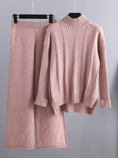 Women's rib-knit 2-piece set with turtleneck sweater and wide-leg pants - warm knit set for fall, winter, and everyday wear