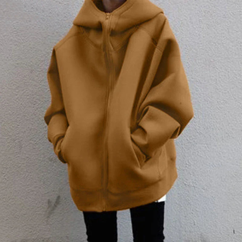 Dámská oversized mikinová bunda s kapucí a zipem – prostorná mikinová bunda pro chladné dny, každodenní nošení a ležérní vrstvený styling