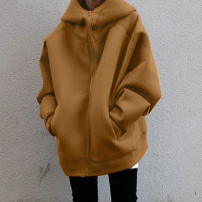 Dámská oversized mikinová bunda s kapucí a zipem – prostorná mikinová bunda pro chladné dny, každodenní nošení a ležérní vrstvený styling