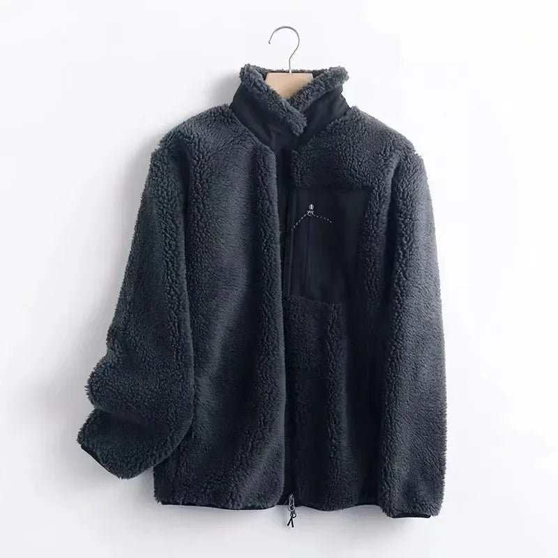 Jachetă bărbătească din fleece Sherpa, cu croială lejeră și fermoar – haină călduroasă cu buzunar practic la piept pentru toamnă, iarnă și purtare zilnică
