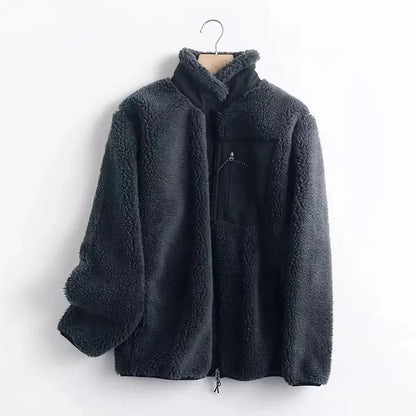Jachetă bărbătească din fleece Sherpa, cu croială lejeră și fermoar – haină călduroasă cu buzunar practic la piept pentru toamnă, iarnă și purtare zilnică