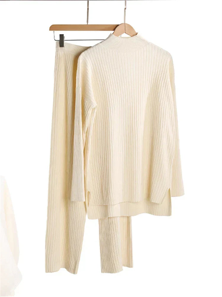 Conjunto de punto de 2 piezas para mujer con jersey largo de cuello alto y pantalones de pierna recta - conjunto informal para el día a día, el tiempo libre y la relajación