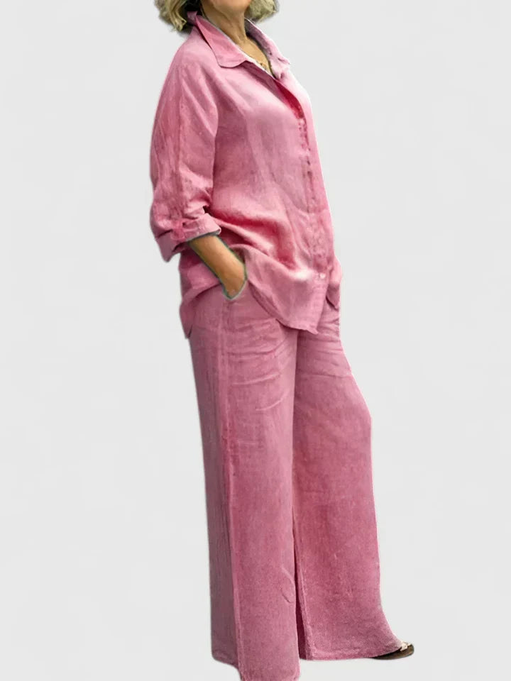Conjunto de lino para mujer con camisa informal y pantalones de pernera ancha – Conjunto veraniego transpirable de 2 piezas para vacaciones, tiempo libre, uso diario y estilo informal elegante