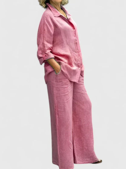 Conjunto de lino para mujer con camisa informal y pantalones de pernera ancha – Conjunto veraniego transpirable de 2 piezas para vacaciones, tiempo libre, uso diario y estilo informal elegante