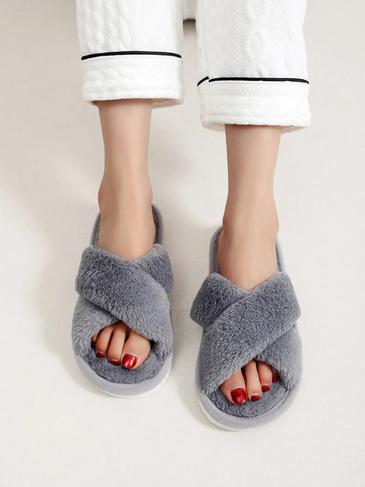 Women's Plush-Lined Slippers with Crisscross Straps and Open Toe – Soft House Shoes with a Lightweight Flat Sole for Home, Relaxation, and Everyday Wear