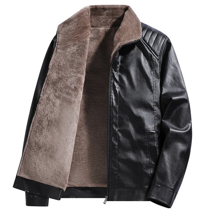 Chaqueta de cuero para hombre, forrada de forro polar, con diseño motero retro y cuello plegado - Chaqueta cálida para otoño, invierno, uso diario y tiempo libre