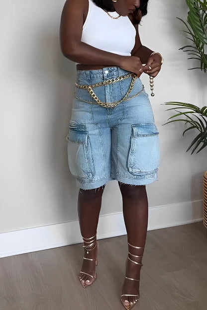 Women's High-Waisted Denim Bermuda Shorts with Cargo Pockets – Relaxed Knee-Length Utility Style for Summer Streetwear and Everyday Wear