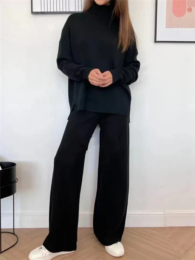 Conjunto de punto de 2 piezas para mujer con jersey largo de cuello alto y pantalones de pierna recta - conjunto informal para el día a día, el tiempo libre y la relajación