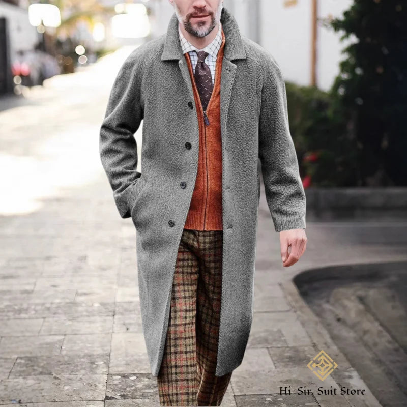 Męski długi płaszcz w jodełkę z domieszką wełny i dopasowanym krojem – elegancki płaszcz zimowy w stylu business casual na formalne okazje
