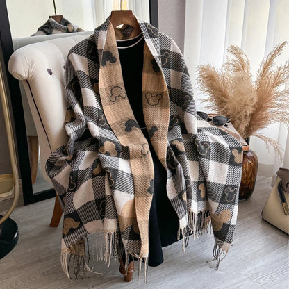 Dame Tykt Vinterhalstørklæde I Cashmere Med Print Og Frynser – Varmt Og Elegant Tørklæde Til Kolde Dage, Hverdagsbrug Og Vinterstil