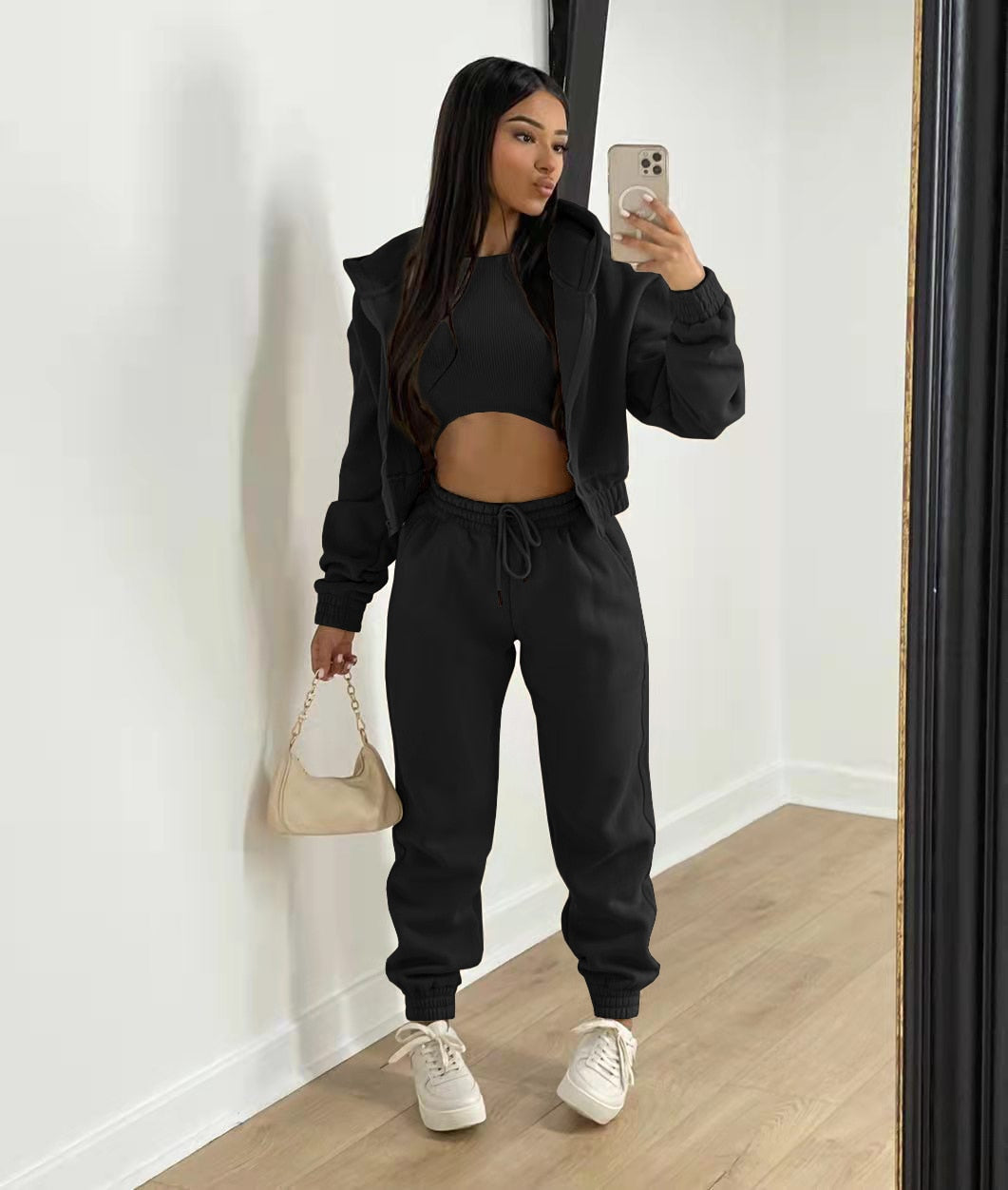 Conjunto deportivo de 3 piezas para mujer con top corto, chaqueta con capucha y joggers – Conjunto abrigado para otoño, invierno, tiempo libre y uso diario