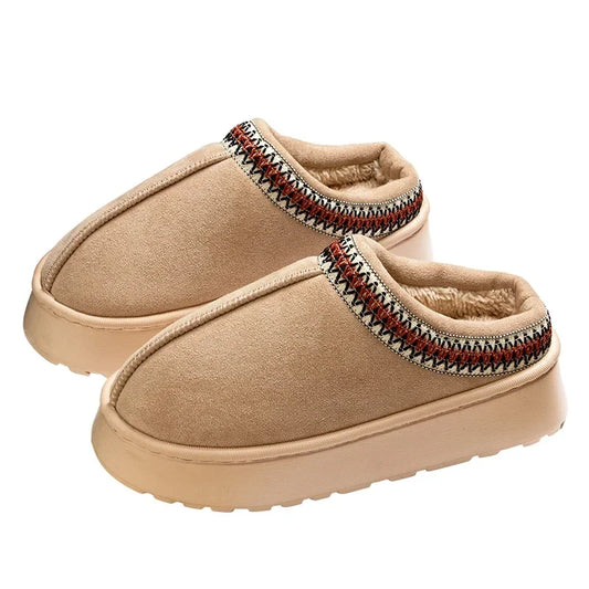 Women's plush-lined platform slippers with closed toe and decorative details - warm winter slippers for home, relaxation, and everyday wear