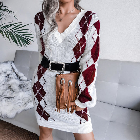 Women's Printed Knit Jumper Dress – Relaxed V-Neck Mini Style for Autumn and Winter