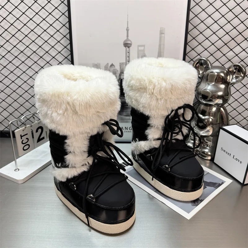 Botas de nieve impermeables para mujer con detalles de felpa, cordones y suela gruesa con dibujo – botas de invierno cálidas para días fríos, uso diario y actividades al aire libre