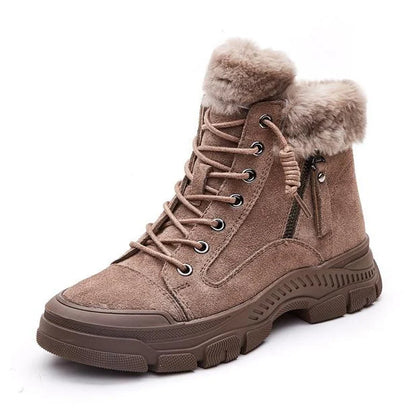 Botas de nieve de cuero auténtico para mujer con forro de felpa, cordones y suela gruesa con dibujo – Cálidos botines de invierno con diseño antideslizante para días fríos y actividades al aire libre