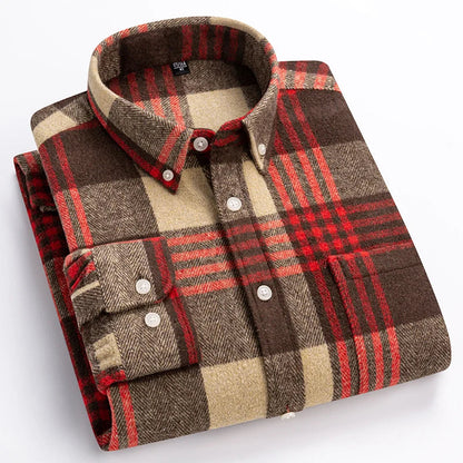 Męska flanelowa koszula w kratę zapinana na guziki z długimi rękawami – klasyczna koszula na jesień, czas wolny, co dzień i w stylu smart casual