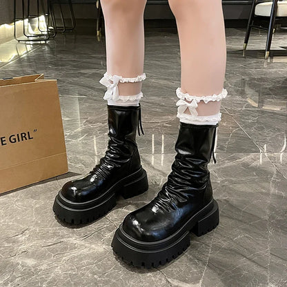 Botines de plataforma chunky para mujer con diseño fruncido y suela dentada - botas de invierno con cremallera trasera para otoño, invierno y uso diario