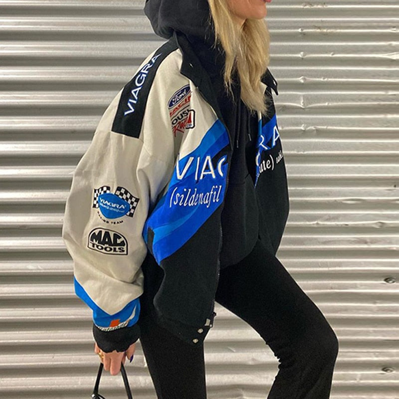 Dámská oversized bomber bunda s závodním potiskem - retro streetwear bunda pro každodenní nošení, volný čas a městský styl