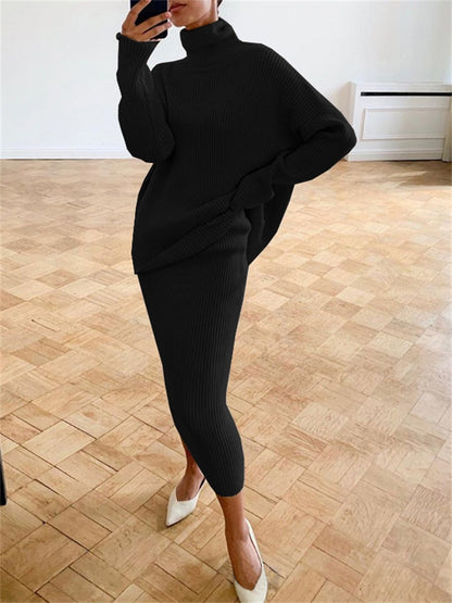 Women's Turtleneck Knit Set With Casual Long-Sleeve Sweater And Slim-Fit Midi Skirt - Elegant 2-Piece Set For Fall, Everyday Wear And Smart Casual Style