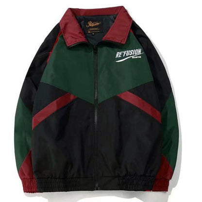Herre Color-block Bomberjakke Med Broderi Og Lynlås – Retroinspireret Sportsjakke Til Efterår, Hverdagsbrug, Fritid Og Casual Stil